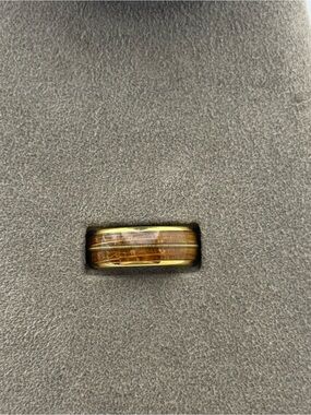 Tungsten Carbide guitar string and barrel whiskey oak wood rose gold men’s ring